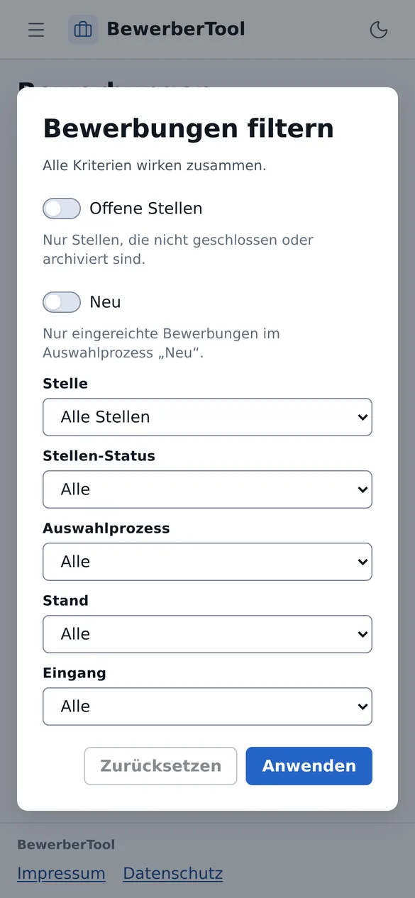 Filter der Bewerbungen am Handy als eigener Dialog mit Stelle, Status und Eingang.