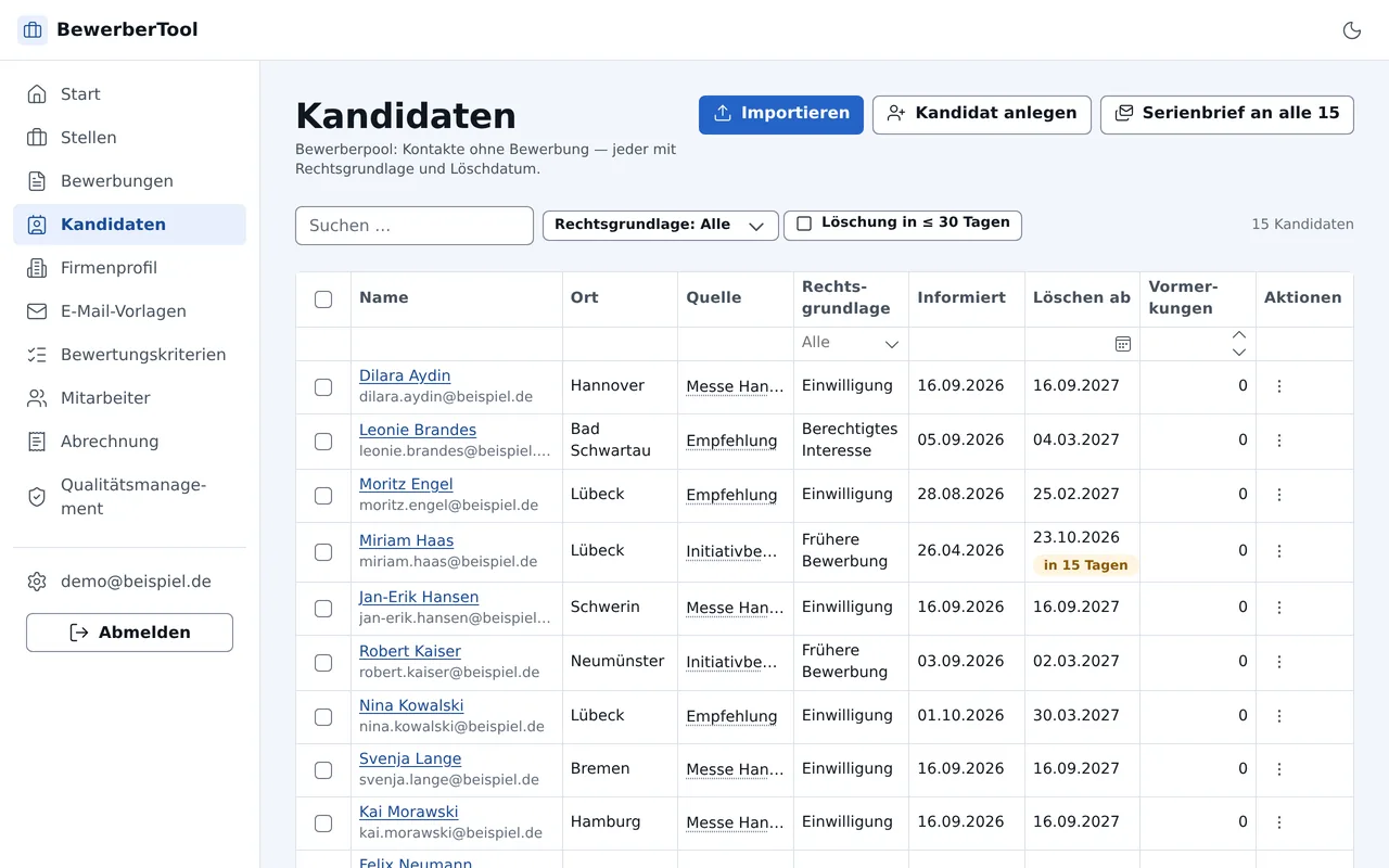 Bewerberpool mit Kandidaten, Ort, Quelle, Rechtsgrundlage, Datum der Information und Löschdatum; ein Kandidat ist zur baldigen Löschung markiert.